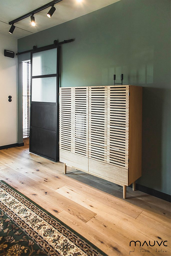 Vintage Kommode, Schiebetür zum Schlafzimmer, Metalltür mit Glas, Vintage Kommode im Wohnzimmer