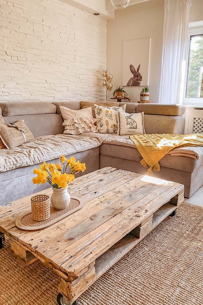 großes graues Sofa, dekorative Boho-Kissen, weiße Ziegelwand, ein Paletten-Couchtisch